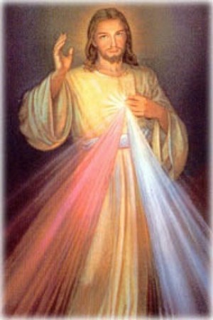 Tableau du Christ envoyant la lumière de sa divine misericorde, dicté par soeur Faustine